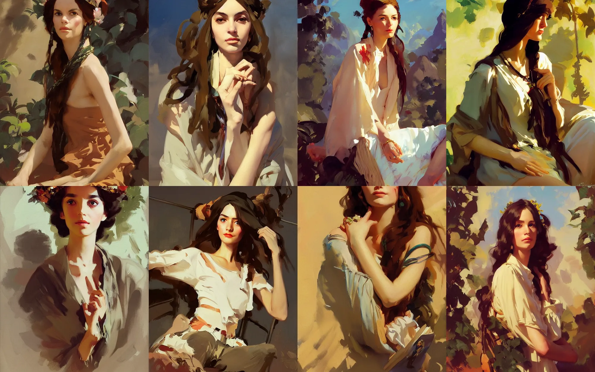 Prompt: portrait of vintage hippie boho russian iranian model girl traveler greg manchess painting by sargent and leyendecker, studio ghibli, fantasy, medium shot, asymmetrical, intricate, elegant, matte painting, illustration, hearthstone, by greg rutkowski, by greg tocchini, by james gilleard, by joe fenton