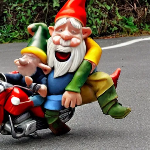 Image similar to drunken gnomes on a motorcycle flee from a police chase