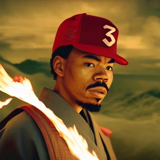 Image similar to cinematic film still of Chance The Rapper starring as a Samurai holding fire, Japanese CGI, VFX, 2022, 40mm lens, shallow depth of field, film photography