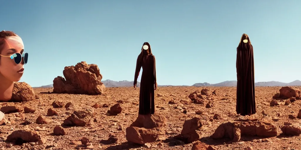 Prompt: levitating woman with full - face golden bright reflective mask in a dry rocky desert landscape, visible sky and sunny atmosphere, floating rocks, flying rocks and fata morgana and giant mirrors by alejandro jodorowsky, anamorphic lens, kodakchrome, practical effects, masterpiece, 8 k