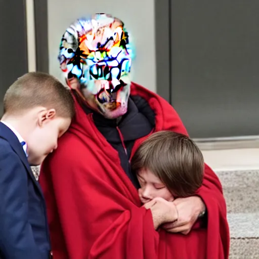 Prompt: joe biden wearing a red cloak and praying next to a sleeping young boy