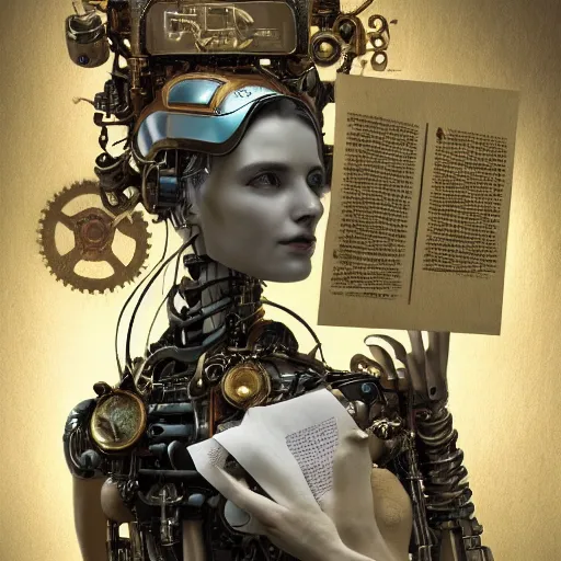 Prompt: a beautiful intricate fine art portrait photo of a a mechanical industrial steampunk cybernetic robot reading a letter held in her hands, by tom bagshaw and zach sutton, perfection!, happiness!!, golden ratio composition, studio lighting, 50mm lens, very detailed, bionic, cybernetic scifi, deep depth of field, artstation, 8K, highly coherent