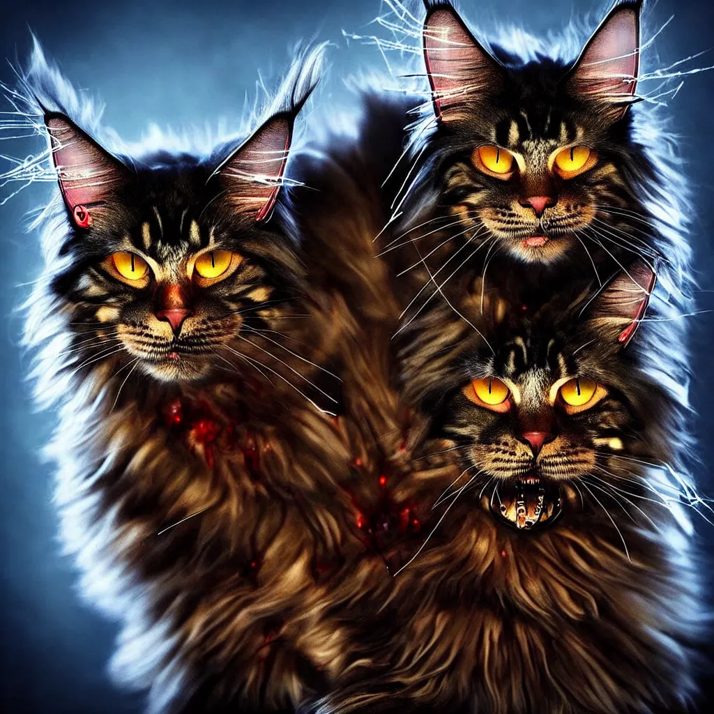 Prompt: “beautiful award-winning photo of a wise maine coon with cybernetic spider eyes and blood dripping off of its fangs. masterpiece, trending on artstation, cinematic composition, dramatic pose, volumetric lighting, sharp, details, hyper-detailed, HD, 4K, 8K ”