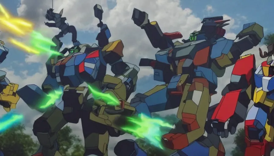 Prompt: full - color cinematic movie still from a live - action voltron action film directed by michael bay. the scene features the robotic lions from voltron fighting against an ugly kaiju monster. photorealistic rendering ; highly - detailed ; epic.