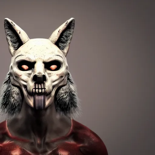 Image similar to highly detailed render of a man wearing a skull fox mask, vray render, unreal engine, highly detailed faces, thin body,