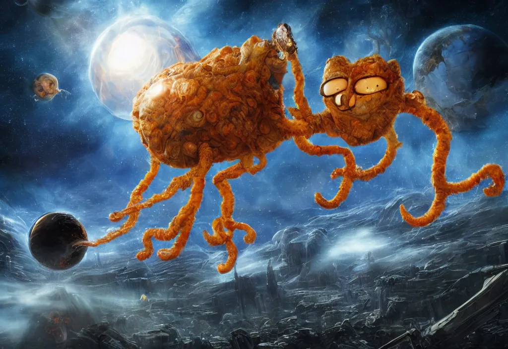 Prompt: eldritch horror bloody garfield in space, hd, 8 k, giant, epic, realistic photo, unreal engine, prophecy, powerful, cinematic lighting, destroyed planet, debris, violent, sinister, ray tracing, dynamic, epic composition, dark, horrific, teeth, grotesque, monochrome drawing, hellscape, corpses, foreboding, lightning, cartoon eyes