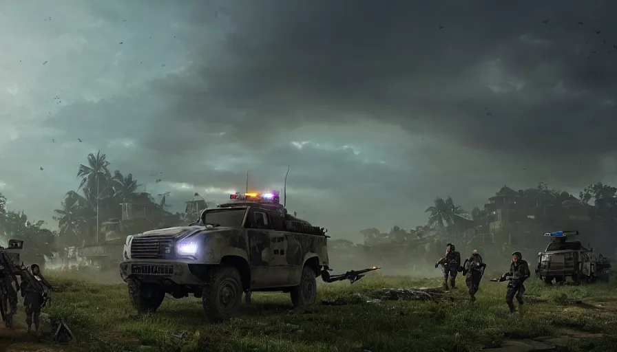 Image similar to a militarized police vehicle riding through a kerala village, troops searching the area, furious action scene, an epic fantasy, dramatic lighting, cinematic, establishing shot, extremely high detail, photorealistic, cinematic lighting, tending on artstation, matte painting, octane render, by simon stalenhag, shadow of the tomb raider, aesthetic