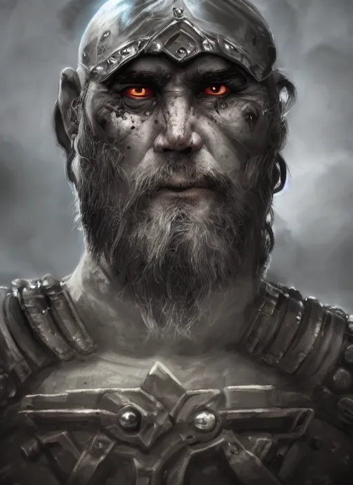 Image similar to A fantasy comic book style portrait painting of a gray dwarf with white eyes as a warrior in a atmospheric dark fortress, unreal 5, DAZ, hyperrealistic, octane render, RPG portrait, ambient light, dynamic lighting