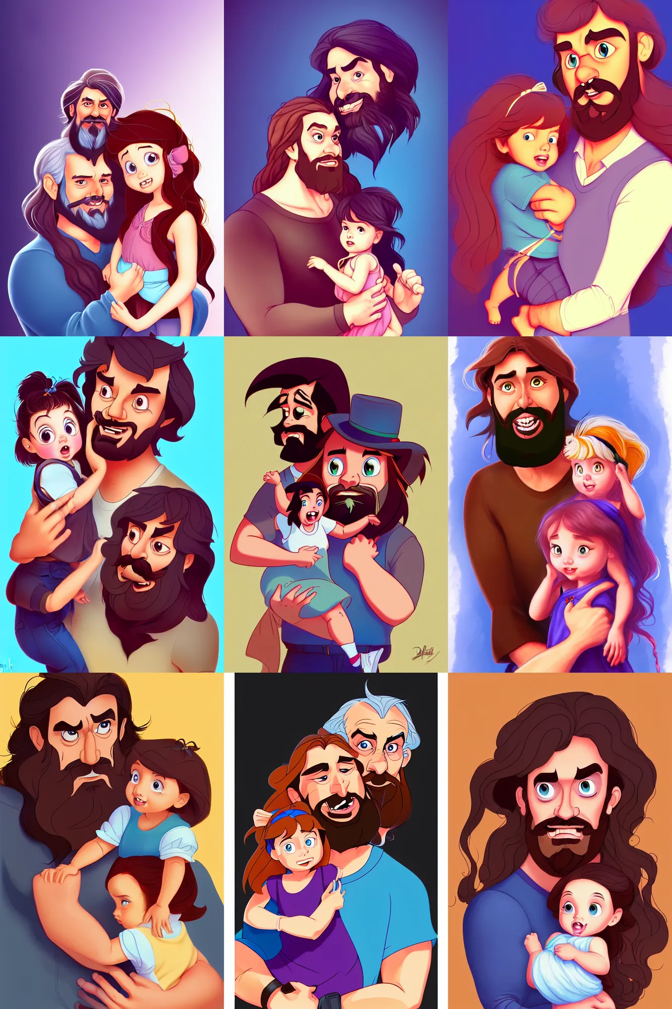 Image similar to a long - haired bearded father and his child toddler girl full color digital illustration in the style of don bluth, artgerm, artstation trending, 4 k