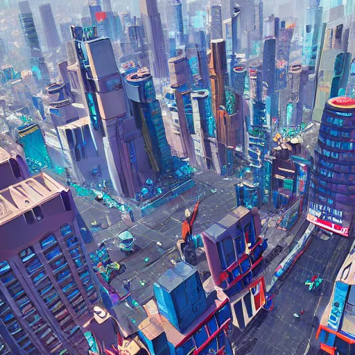 Image similar to bird's eye view of giant robots standing in the middle of a city, highly detailed, digital art, trending on artstation, very beautiful 4 k