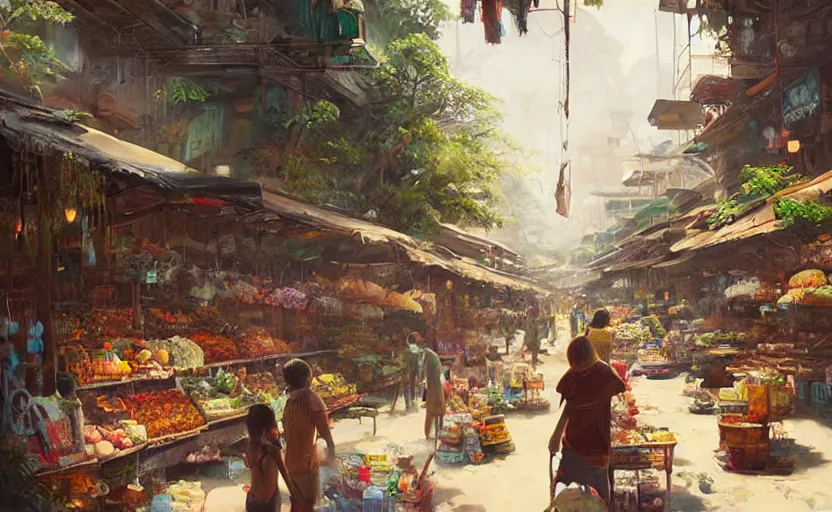 Prompt: a beautiful painting of a jungle market, Greg Rutkowski, digital art