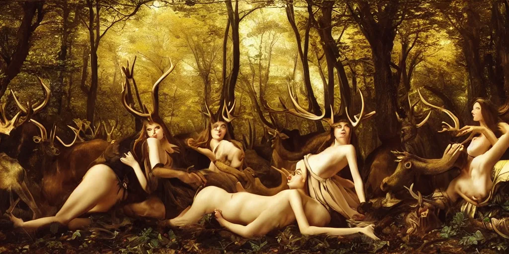 Image similar to beautiful oil matte portrait painting, women with antlers gathering in an ominous forest, wonderful masterpiece highly detailed, beautiful cinematic light deep focus, elegant, digital painting, smooth, sharp focus, golden ratio, dramatic illumination, ultra realistic, 8 k, art by artemisia lomi gentileschi and caravaggio