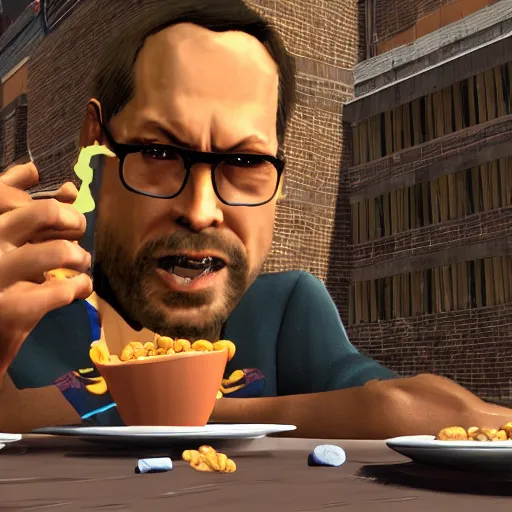 Image similar to jc denton from deus ex videogame eats cereal at a table near liberty island