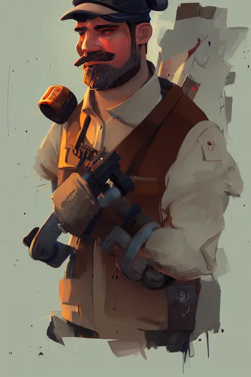 Image similar to beautiful highly detailed realistic stylized character portrait team fortress 2 engineer, detailed character concept art master portrait by ismail inceoglu, trending on artstation