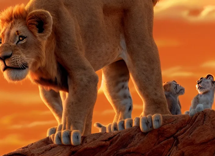 Image similar to screenshot from the lion king (1994), iconic scene, HD remaster, Disney, highly detailed, high quality, detailed fur, simba