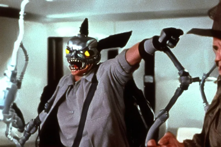 Prompt: Jack Nicholson plays Terminator Pikachu, scene where his endoskeleton gets exposed, still from the film