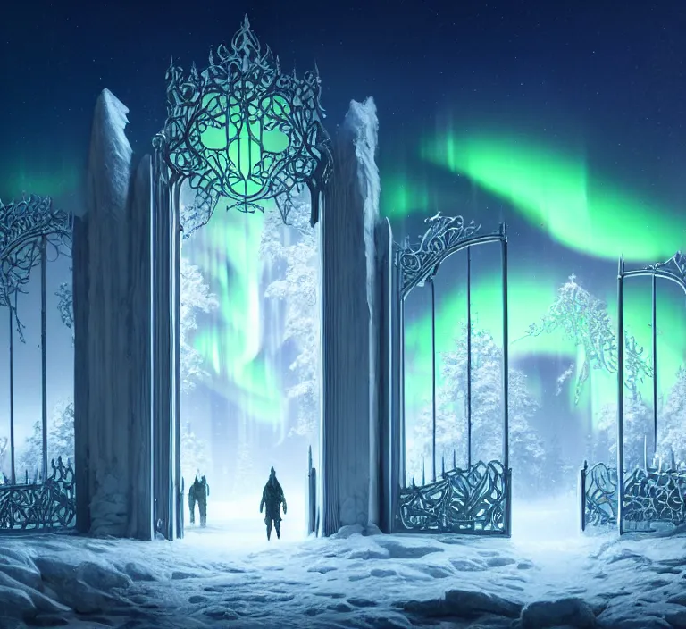 Image similar to a very detailed concept art of intricate and well designed white gates to aurora borealis infused with magic by greg rutkowski, dynamic lighting trending on artstation, symmetry, digital art, 4 k, hyper realistic, octane render, sharp focus