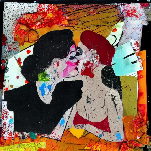Prompt: two women kissing at a carnival in autumn, mixed media collage, retro, paper collage, magazine collage, acrylic paint splatters, bauhaus, claymation, layered paper art, sapphic visual poetry expressing the utmost of desires by jackson pollock