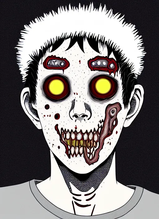 Image similar to junji ito style portrait of zombie teenage jughead jones wearing a light grey crown, zombie, crown, rotting skin, blind eyes, white eyes, crown, black hair, intricate, highly detailed, illustration, art by junji ito