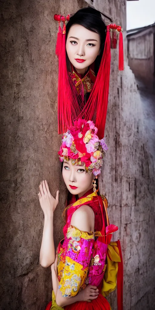 Prompt: photo portrait of chinese actress, beauty in traditional costume in real life by Steve McCurry, colorful, sharpen, 4k, 85mm, award winning, realistic, professional light