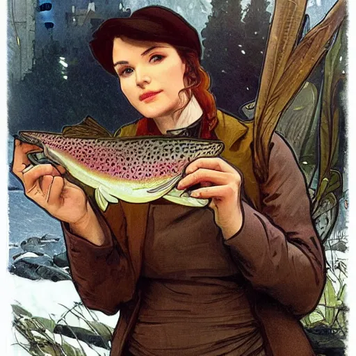 Image similar to journalist in oslo eating a trout, art by artgerm, greg rutkowski and alphonse mucha