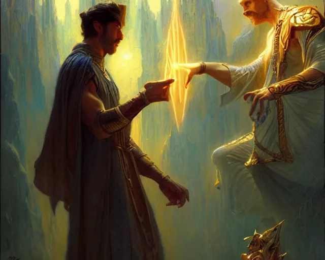 Prompt: attractive wizard man, casting light magic, summoning a handsome deity. highly detailed painting by gaston bussiere, craig mullins, j. c. leyendecker 8 k