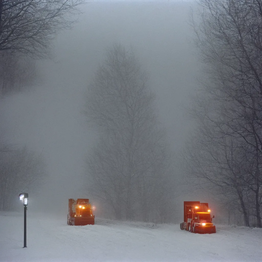 Image similar to photo, big snow plow truck is in the distance with a bright headlighta. cold color temperature, snow storm. hazy atmosphere. humidity haze. kodak ektachrome, greenish expired film, award winning, low contrast,