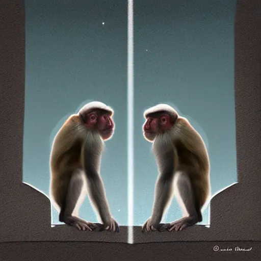 Prompt: two macaques looking at each other inside alien base, digital art, soft shadows, creepy art