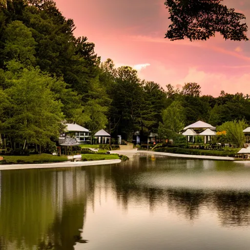 Prompt: A beautiful resort alongside a lake in Maryland. The lake also has sand surrounding it. The sun is shining and can be seen reflecting off of mountains in the distance