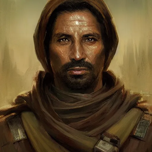 Image similar to portrait of a man by greg rutkowski, a jedi commander, arabian features and olive skin, long black hair, wise appearance, wearing the tactical gear of the galactic alliance, star wars expanded universe, he is about 4 0 years old, highly detailed portrait, digital painting, artstation, concept art, smooth, sharp foccus ilustration, artstation hq