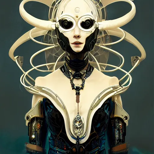 Image similar to a cyborg empress with mask, art nouveau ivory accessories, cyberpunk, darksynth, luxury, concept art by jama jurabaev, extremely detailed, ominous, ethereal, artstation, andree wallin, edvige faini, balaskas, alphonse mucha, symmetry