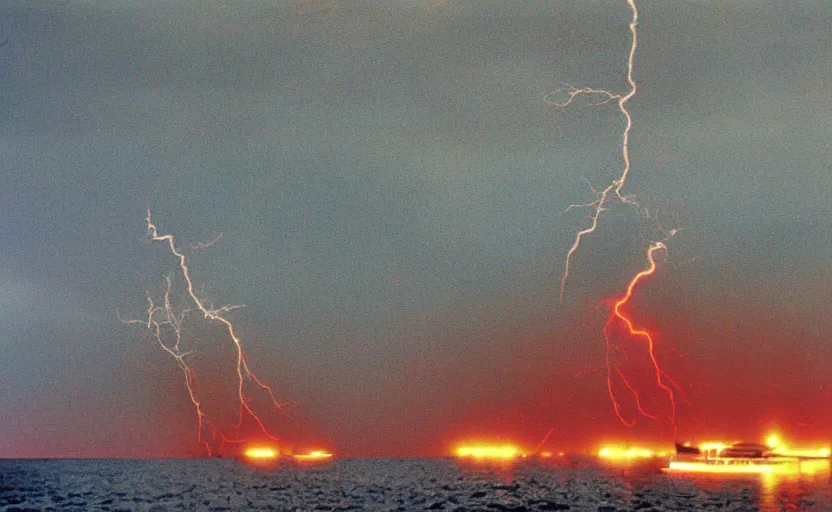 Prompt: small boat caught in a storm, red lightnings, tornado, 1995 photo