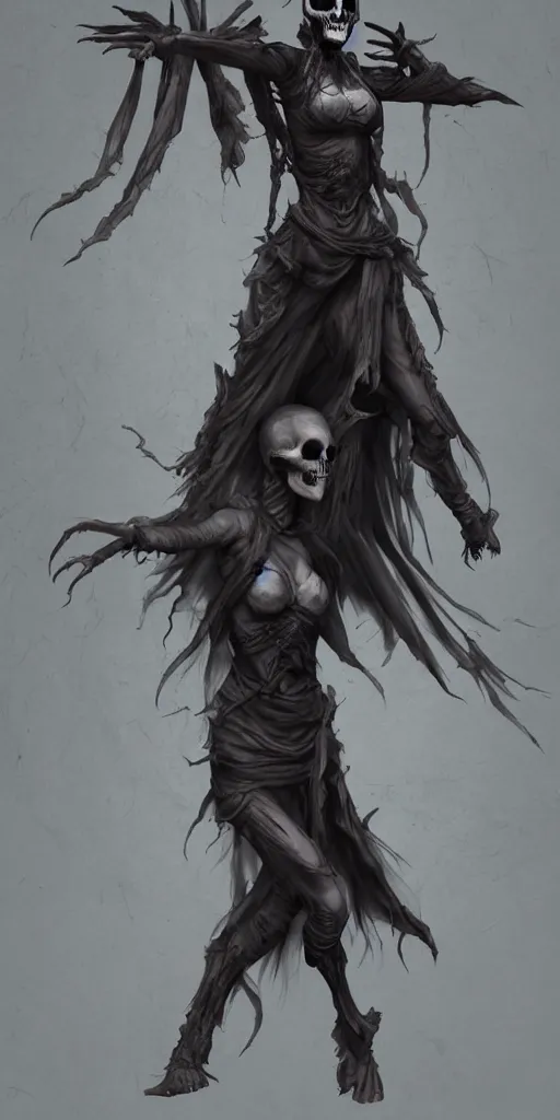 Prompt: female wraith, undead, dynamic pose, skull, terrifying, dark, fog, artstation