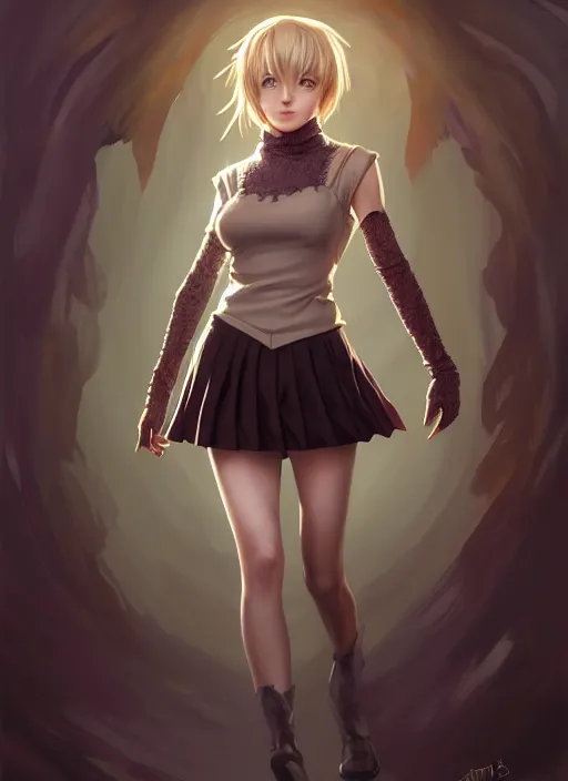 Image similar to portrait of a full body of beautiful young female detective, d & d, sleeveless turtleneck, pleated skirt, fantasy, flat lighting, intricate, highly detailed, digital painting, artstation, concept art, smooth, sharp focus, illustration, misa amane, art by simon bisley and greg rutkowski and alphonse mucha, natural tpose