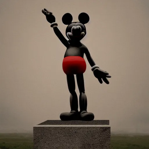 Prompt: Statue of a humanoid Mickey Mouse, photorealistic, film still, desolate