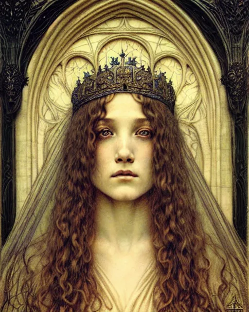 Image similar to detailed realistic beautiful young medieval queen face portrait by jean delville, gustave dore and marco mazzoni, art nouveau, symbolist, visionary, gothic, pre - raphaelite. horizontal symmetry