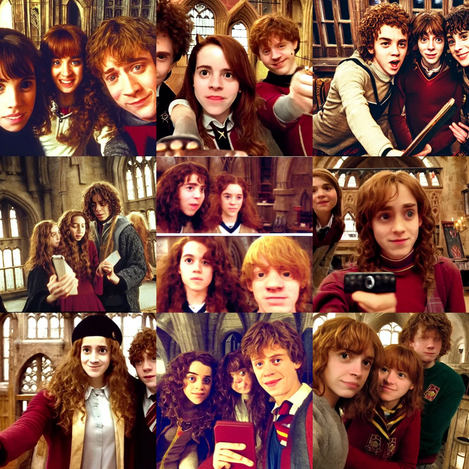 Prompt: selfie of Hermione Granger with Ron and Harry, in the Gryffindor common room at Hogwarts