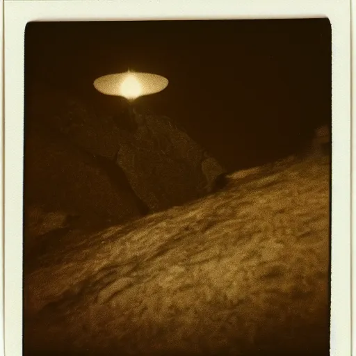 Prompt: a ufo flying over a mountain at night, distant!!, historical photo, old polaroid, expired film,