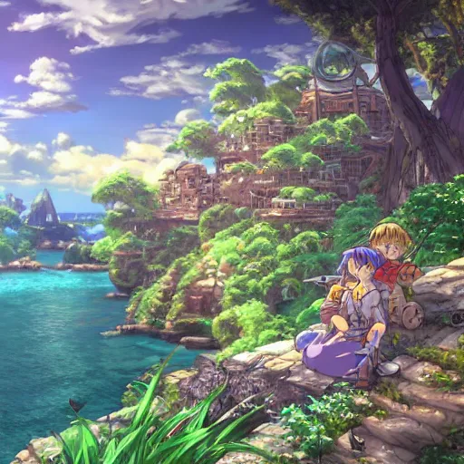 Image similar to photorealistic beautiful world of chrono trigger in the style of studio ghibli. hyperdetailed photorealism, 1 0 8 megapixels, amazing depth, glowing rich colors, powerful imagery, psychedelic overtones, 3 d finalrender, 3 d shading, cinematic lighting, artstation concept art