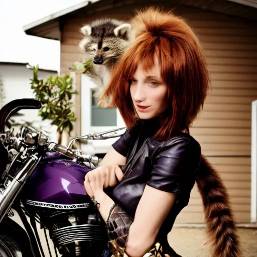 Image similar to a photo by arbus of a slender beautiful woman with straight ginger hair and bangs, wearing purple leathers and gold helmet, posing with large ginger tabby and raccoon on a motorcycle in her front yard, holding coffee mug and toasted brioche bun, fashion photography, dramatic lighting, 8 5 mm lens