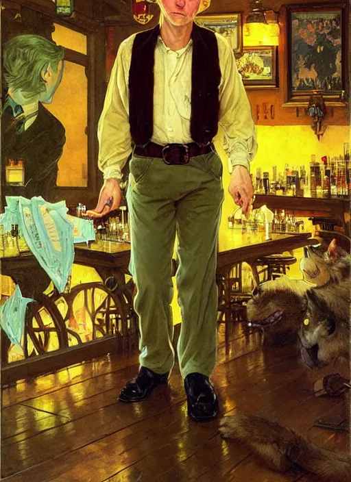 Prompt: beautiful portrait commission of a male furry!!! anthro!!! albino mountain lion!!! wearing a yellow button-down shirt, olive green slacks, and suspenders. Old-timey saloon. Atmospheric. Renowned character illustration by greg rutkowski, thomas kindkade, alphonse mucha, loish, norman rockwell. detailed, inked, western comic book art