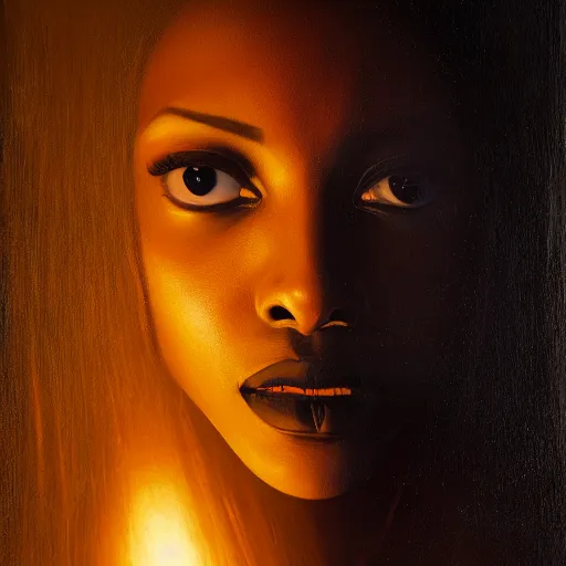 Image similar to a portrait of a young black woman wearing a long dark cloak, hood and shadows covering face, holding golden chains, oil painting, matte painting, black background, Volumetric Golden dappled dynamic lighting, Highly Detailed, Cinematic Lighting, Unreal Engine, 8k, HD, by Beksinski