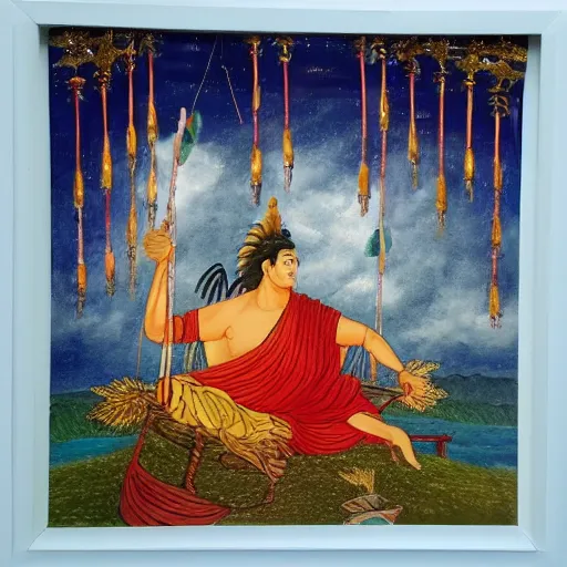 Image similar to painting of a god of wind enjoying his heavenly palace, decorated with windchimes and paper lanterns, stunning nature in background