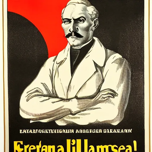 Image similar to 1 9 0 8 capitalism propaganda poster, black and white engraving on antique yellowed paper, with red ink used for emphasis, eastern european look, serious face of leader in the middle of poster, with intricate imagery of buildings and factories and laborers in the background