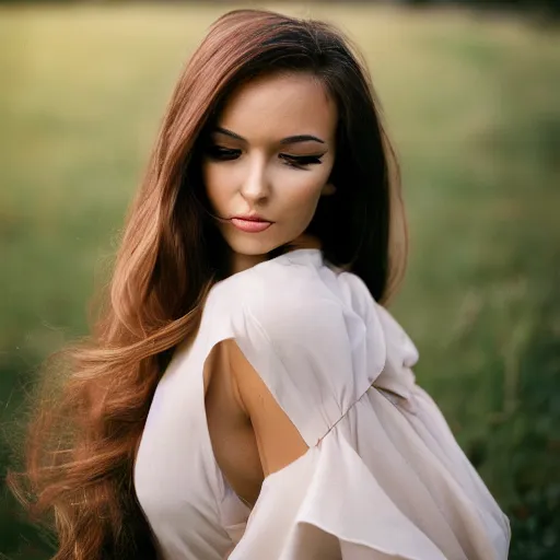Image similar to professional outdoor portrait of a very beautiful young woman with gorgeous eyes, high cheek bones, flowing hair, medium format, 8 5 mm f 0. 9, fuji 4 0 0 h
