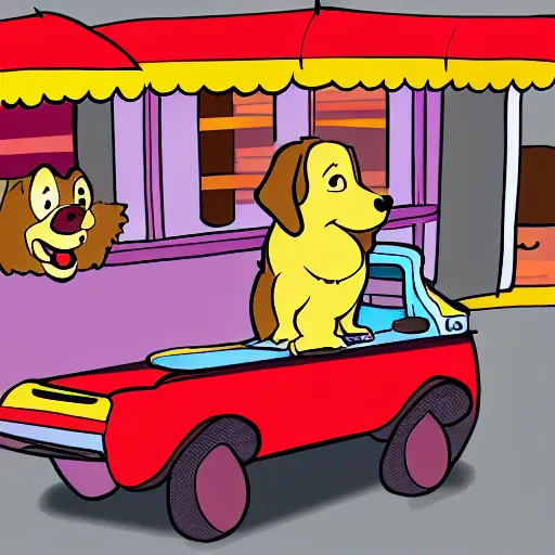 Image similar to of a dog in the style of disney!! cell shading style!! selling hot dogs on a sunny day