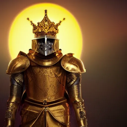 Image similar to a highly detailed knight with glowing purple eyes in a golden helmet and a golden crown with a diamond in the center, golden armor, leather clothes under the armor, leather gloves, holds a black sword, artstation, DeviantArt, professional, octane render, sunset lighting