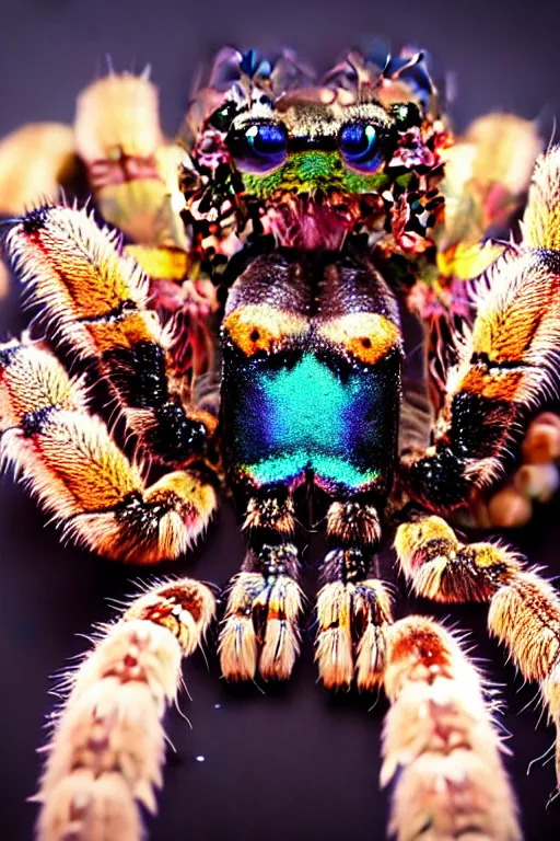 Image similar to high quality macro photo iridescent tarantula! jewelled cute! highly detailed david ligare elson peter cinematic blue lighting high quality low angle hd 8k sharp shallow depth of field