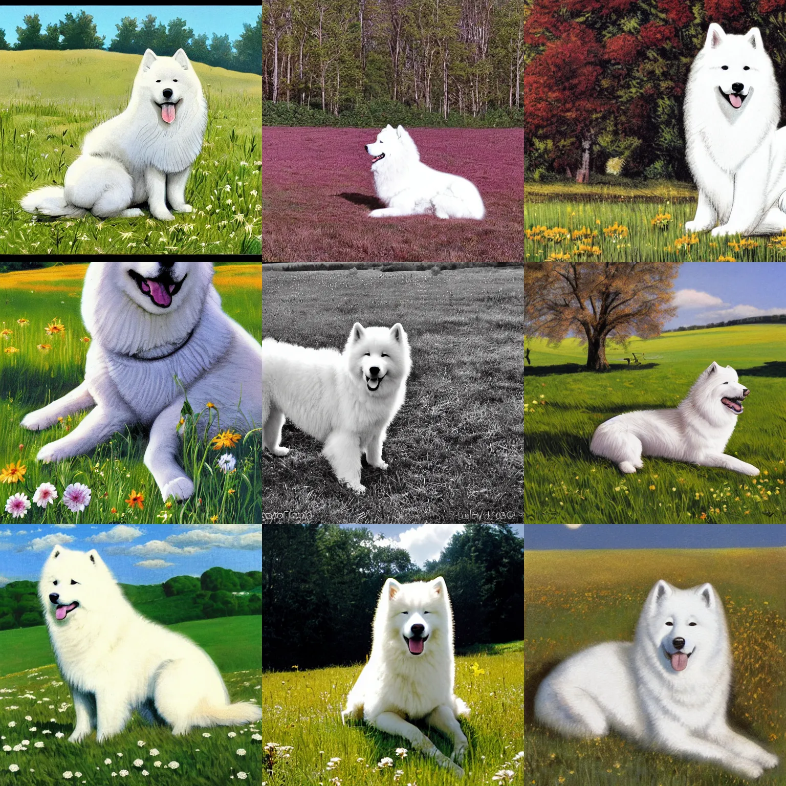 Prompt: a samoyed dog sitting in the middle of sunny meadow, by Wally Wood