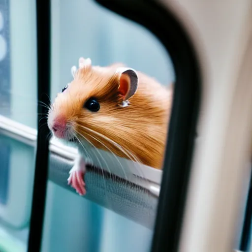 Image similar to photo of a hamster inside a metro train, looking out of the window, various poses, unedited, soft light, sharp focus, 8 k